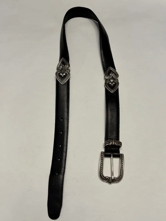 Vintage Brighton Black Leather Heart Belt Silver Hardware Western Boho USA Made