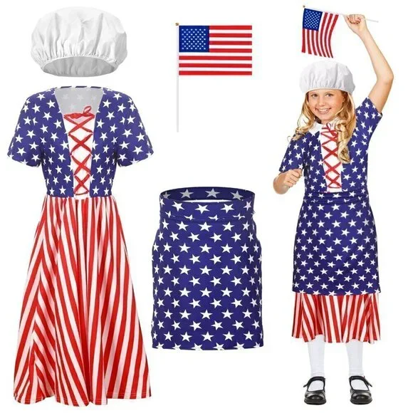 4 Pc Patriotic Costume 4th of July Outfit for Kids Dress Apron Cap Large