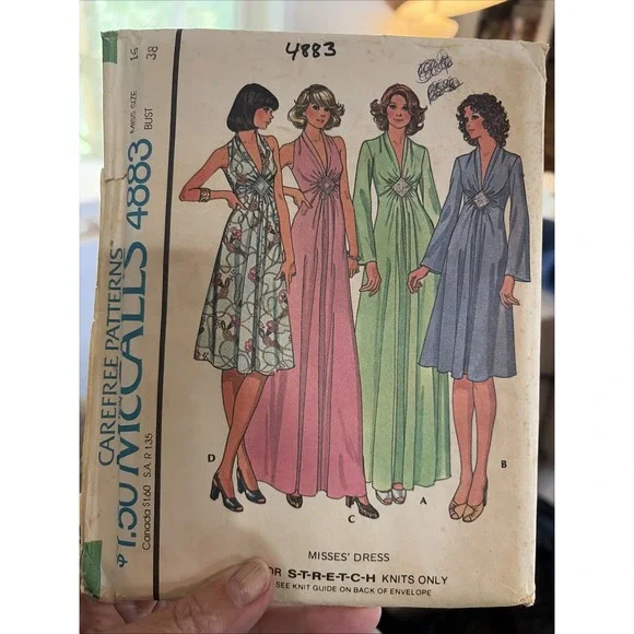 Vintage 1975 McCalls Dress Sewing Pattern 4883 Size 16 Uncut 70s Maxi Midi