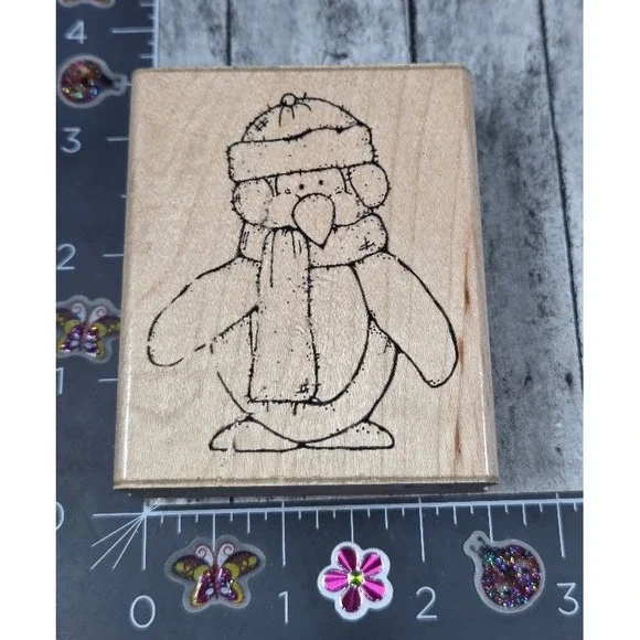 Dots Peter Penguin N227 Winter Scarf Rubber Stamp Wood #J97