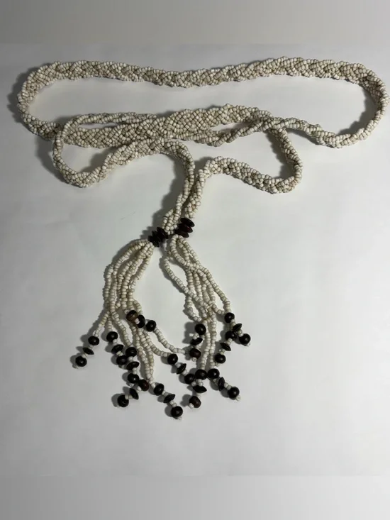 Vintage Braided Glass Seed Bead Tie Belt Cream White Wood Bead Tassels 60
