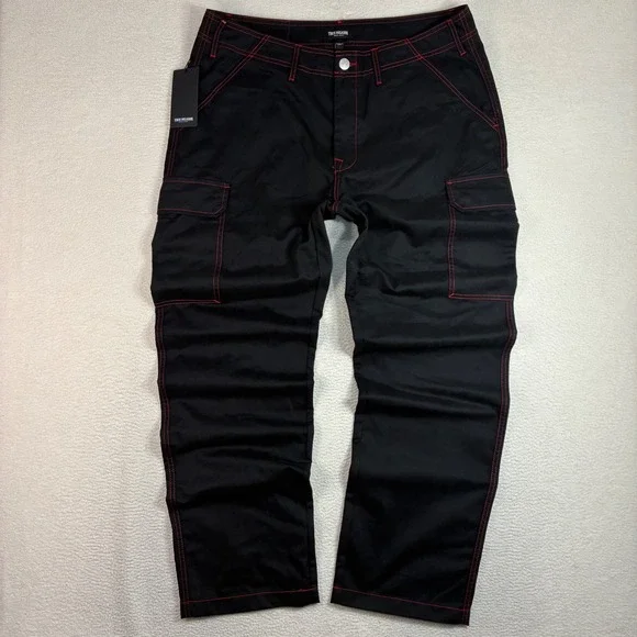 True Religion Baggy Cargo Pants Men 36x32 Black Red Straight Contrast Stitch NWT