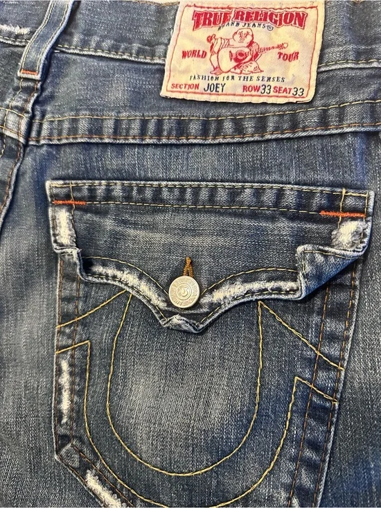 True Religion Men's Joey Jeans in Distressed Blue with Yellow Stitching