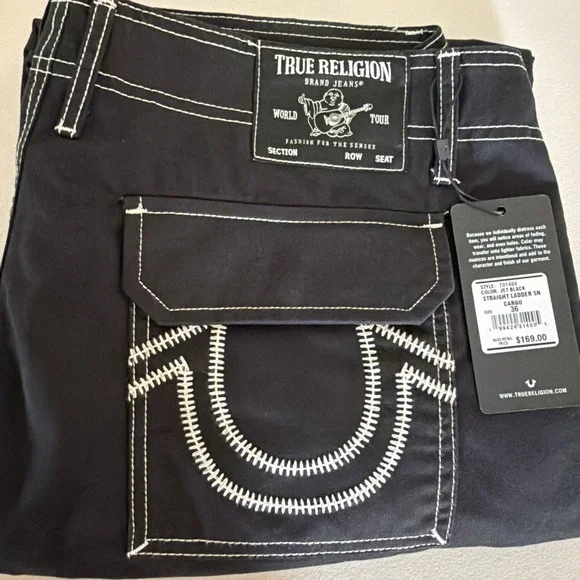 NWT True Religion Men's 36x32 Black Cotton Straight Fit Cargo Pants
