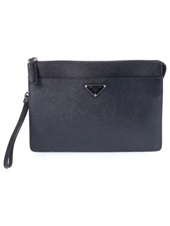 Prada Saffiano Clutch Pouch Black Leather Silver