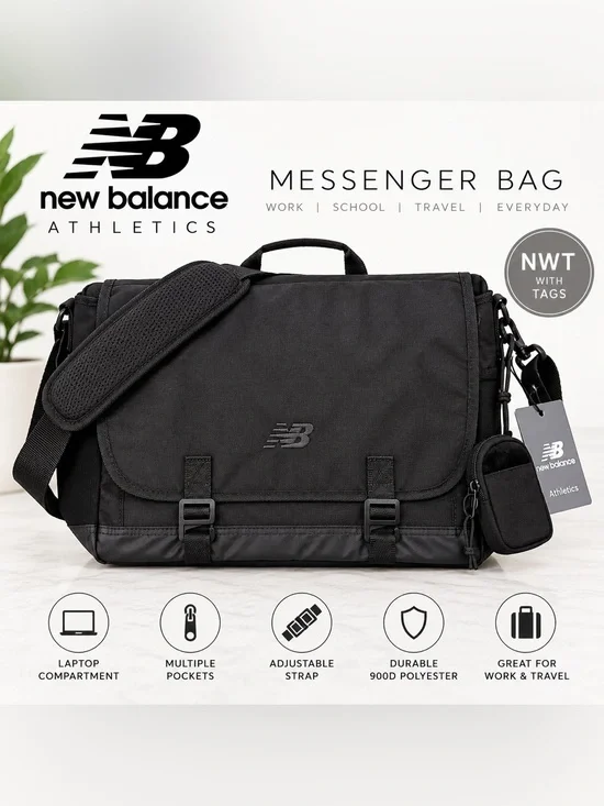 New Balance Athletic Black Messenger work Bag Crossbody Laptop Bag 20”x12”x5”