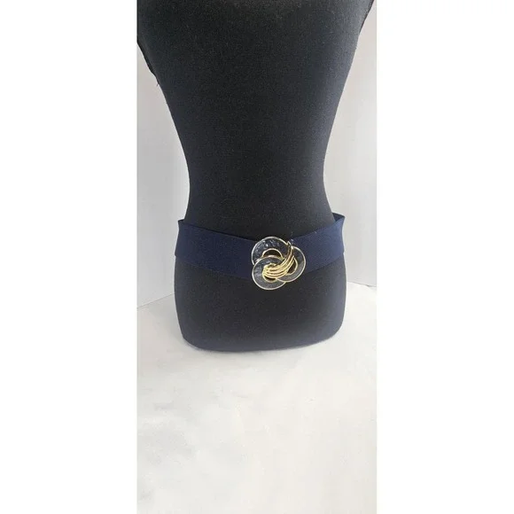 Vtg Day-Lor Women's‎ Navy Elastic Waist Belt Enamel Buckle Red Blue Beige Knot