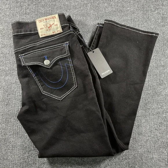 NWT True Religion Ricky Relaxed Straight Jeans Rinse Black Contrast Stitch 36