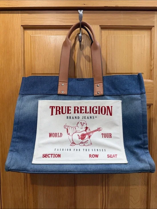 True Religion Denim Tote Bag in Blue with Brown Handles