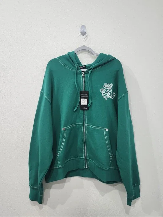 True Religion Logo Crest Big TR Boxy Zip-Up Hoodie Green Adult Size XL NWT