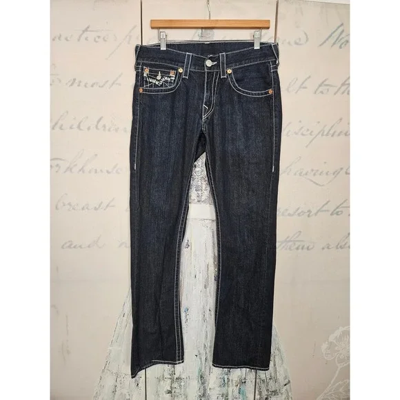 True‎ Religion Super T Straight Leg Jeans 31 Dark Blue White Thick Stitch Y2K