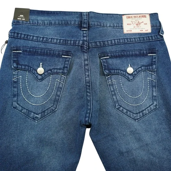 NEW True‎ Religion Geno Relaxed Slim Jeans Mens 36x32 Blue Big T Flap Pocket