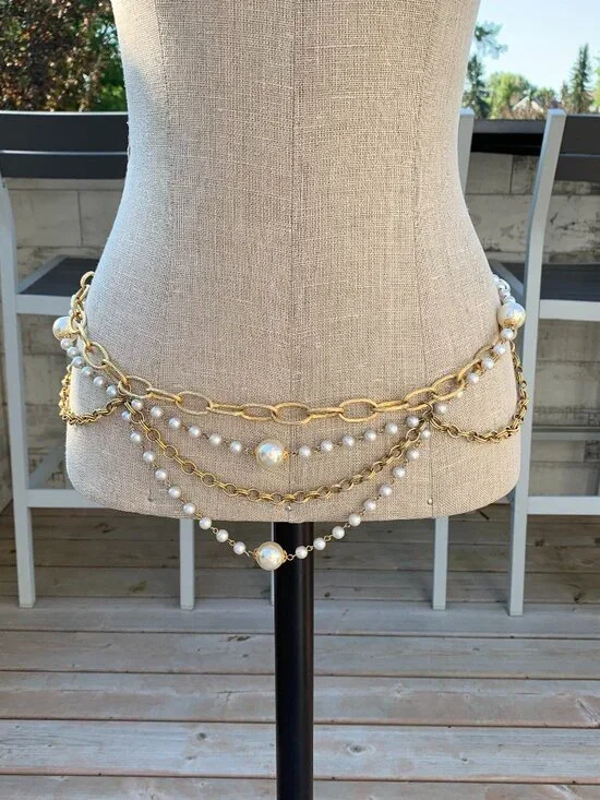 Vintage Chain Hip Waist Belt Gold Pearl Beads Bikini Beach Festival Boho Retro