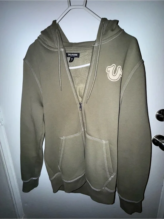 True Religion Olive Zip-Up Hoodie with Contrast Stitching