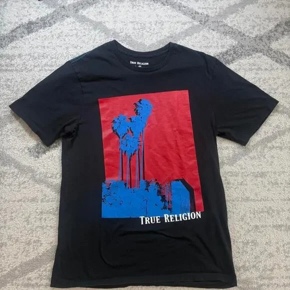 True Religion Shirt Mens Black Palm Tree Beach Graphic T-Shirt Fits like a small