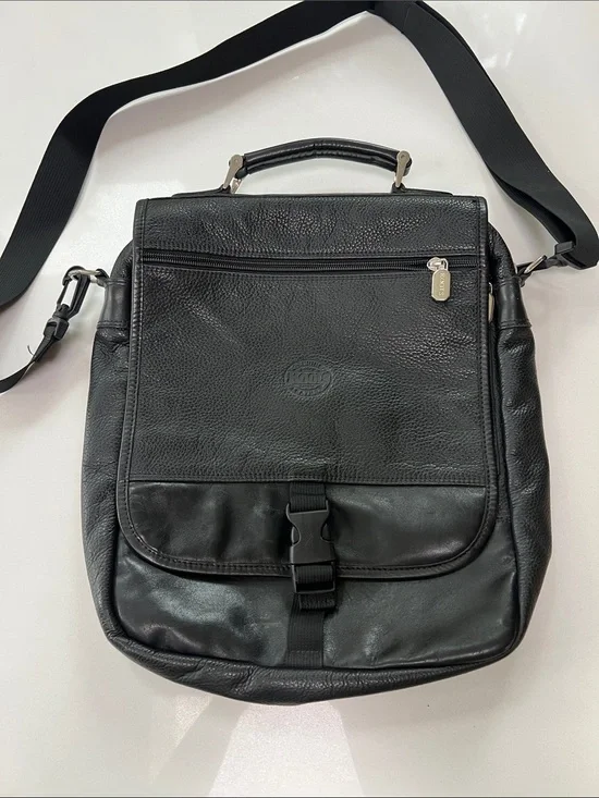 Men's Black Leather Messenger Bag by Roots with Top Handle and Adjustable Strap