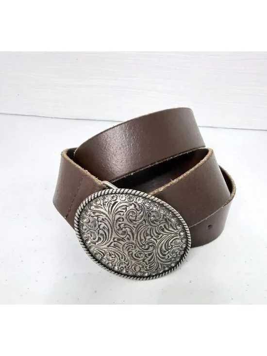 American Eagle AEO Women’s Brown Leather Belt Sz Medium Oval Buckle Rhinestones