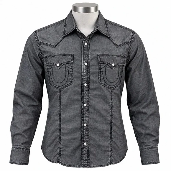 True Religion Rocky Western Pearl Snap Shirt Men's XXL Black Gray Slim Fit