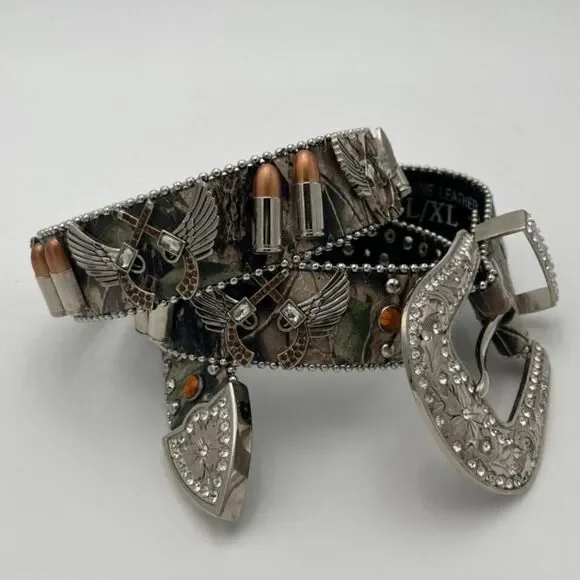 Studded Camo Leather Western Cowgirl Novelty Guns Bullets Rodeo Rhinestones XL/L