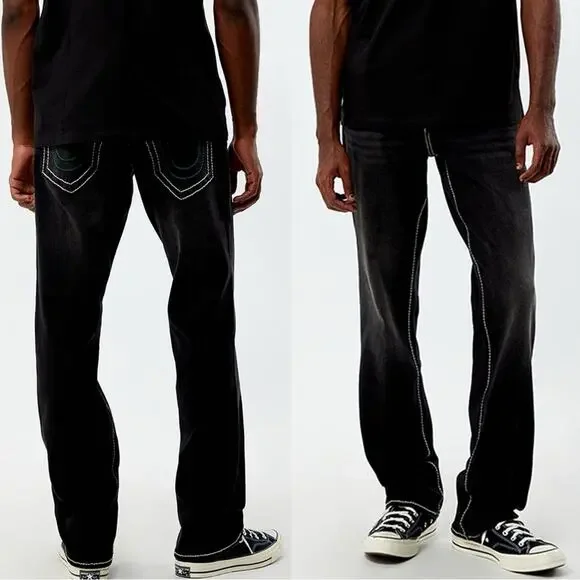 NEW TRUE RELIGION MENS Black White Ricky Relaxed Straight Leg Denim Jeans 30