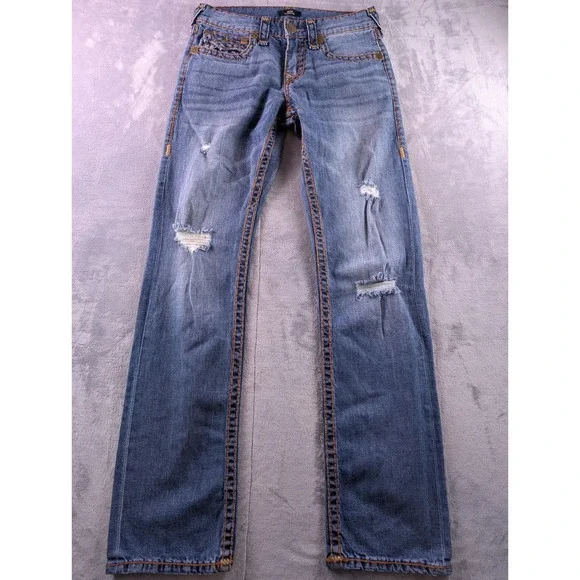 True Religion Ricky Super T Flap Relaxed Straight Distressed Jeans Blue 30x33