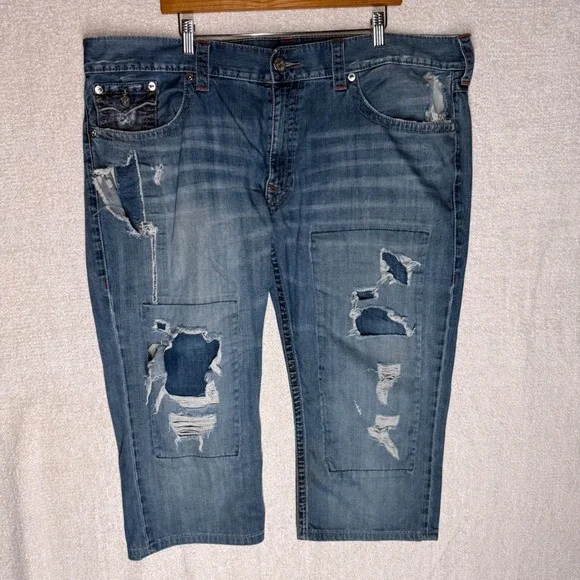 True Religion Men's 44 Straight Distressed Denim Shorts Horseshoe Jorts Blue