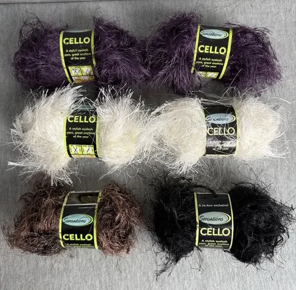 Sensations Cello Eyelash Yarn Mixed Lot of 6 Solid Purple White Mink Black