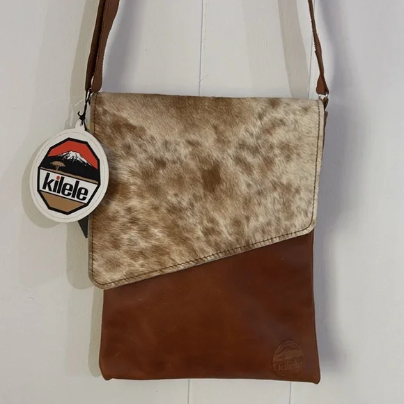 Kilele Hide‎ Envelope Brown and Tan Leather Messenger Crossbody Bag NWT