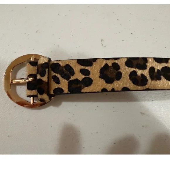 Leopard Print Belt Gold Round Buckle Tan Brown Animal Pattern Calf Hair Style