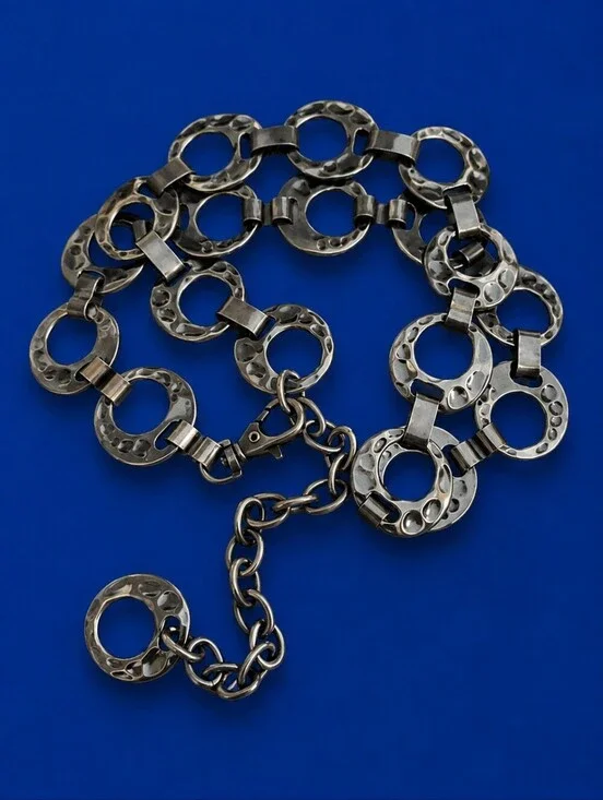 Vtg Gunmetal Hammered Circle Chain Link Disco Grunge Punk Moto Belt