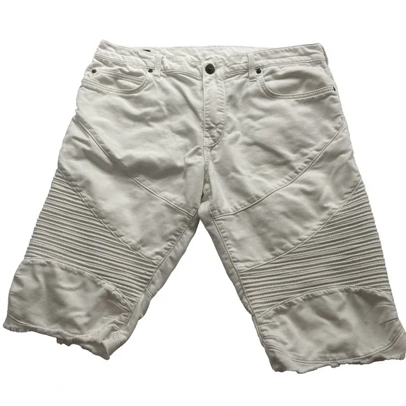 True Religion Geno Distressed Denim Cut-Off Moto Shorts White Relaxed Slim Sz 34