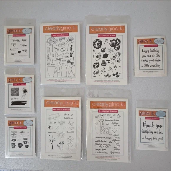 NEW Gina K Designs Clear Stamp Set Lot 8 pc Coffee Flowers Animals Sentiments