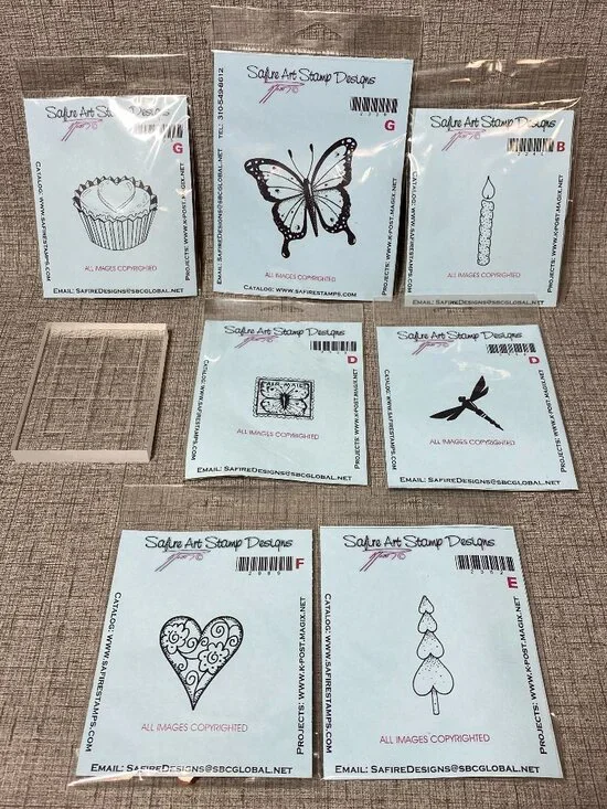 UNIQUE VTG Rubber Stamps Safire Designs & Acrylic Block 8pc Lot NEW OLD STOCK