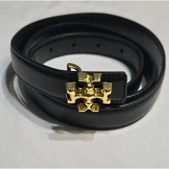 Tory Burch Kira Glazed Logo Belt In Black Womens Medium Adjustable Gold Buckle
