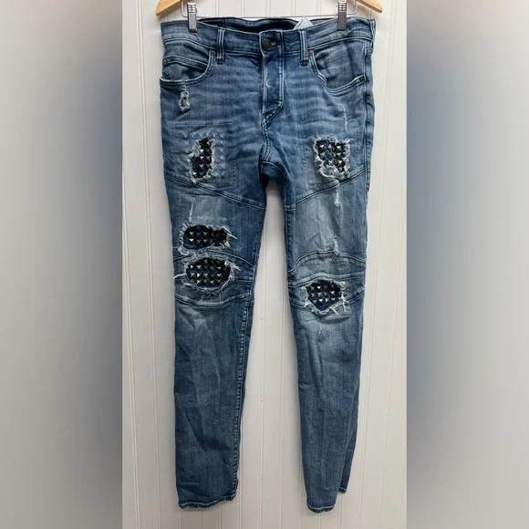 True Religion‎ Jeans Men 31 Blue Rocco Biker Relaxed Skinny Distressed Studded
