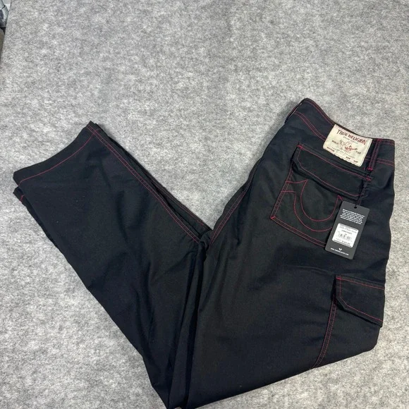 True Religion Mens Black Red Contrast Stitch Cargo Pants Straight Leg 34 NEW