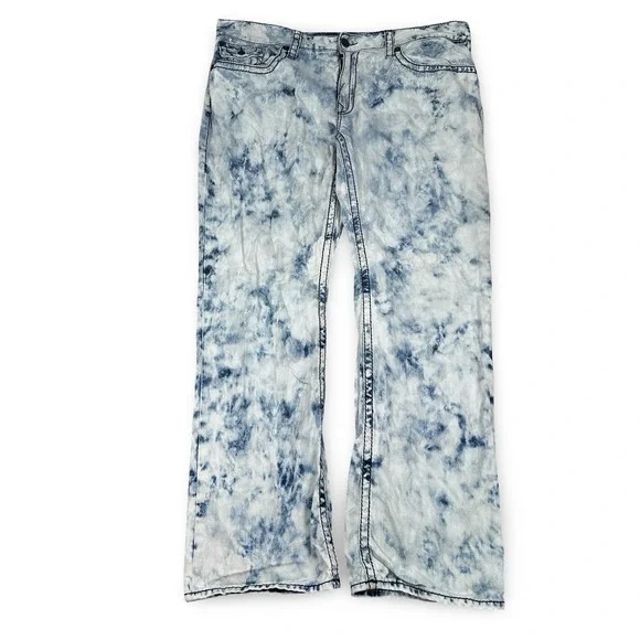 True Religion Straight Flap Acid Wash Jeans Blue White Mens‎ 44 Contrast Stitch