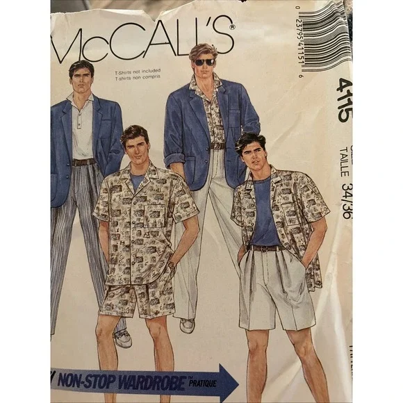 Vintage McCalls 4115 Mens Suit Sewing Pattern Uncut Jacket Shirt Pants 34 36