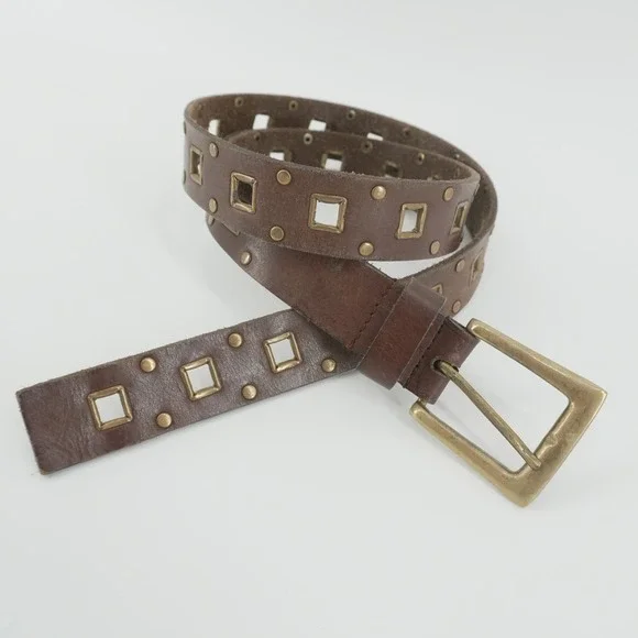 Studded Leather Belt Women 32-34 Brown Square Grommet Solid Brass Buckle