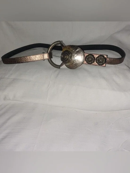 Women's Metallic Bronze Leather Statement Belt Mother Of Pearl Shell Rosette Buc