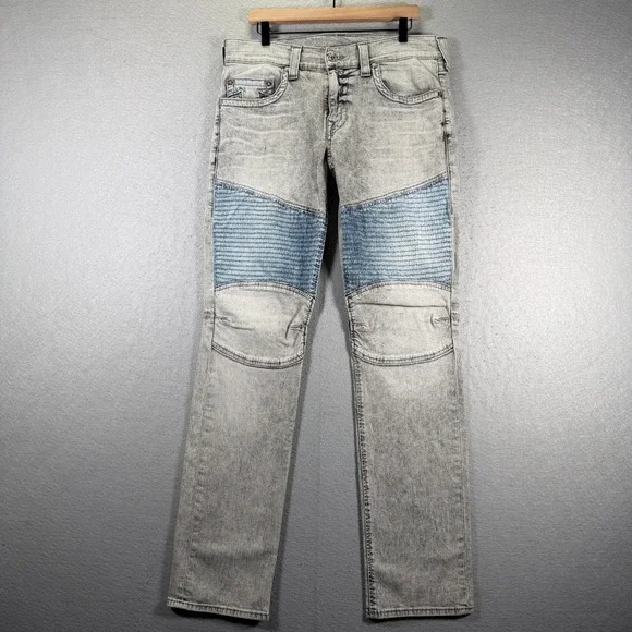 True Religion Men's Slim Fit Moto Run Stitch Jeans Size 34x35 Light Gray Wash‎
