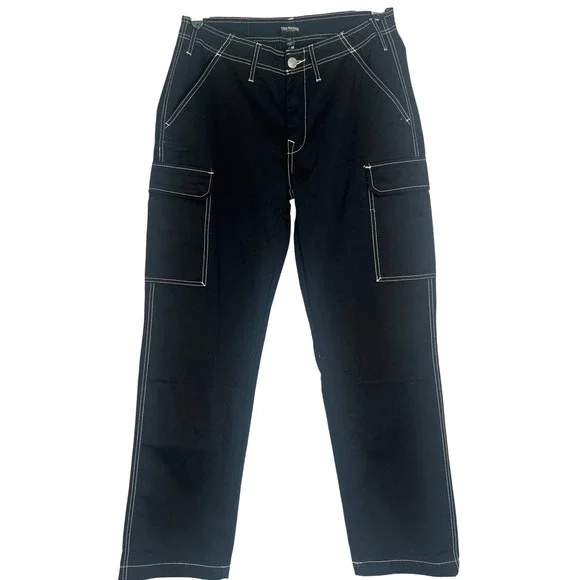 NWT True Religion Mens Black Contrast Stitch Cargo Pants 32 Straight Leg