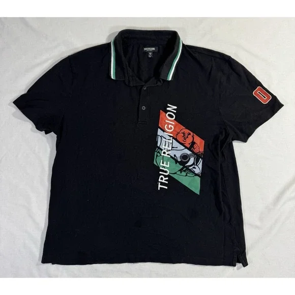 True Religion Men SZ XL Polo Sport Shirt Black Graphic Short Sleeve Logo