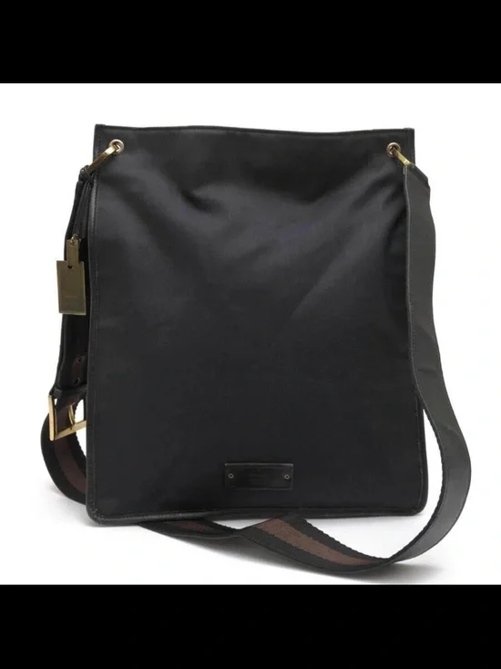 Gucci Black Nylon Messenger Bag with Brown Stripe Webbing