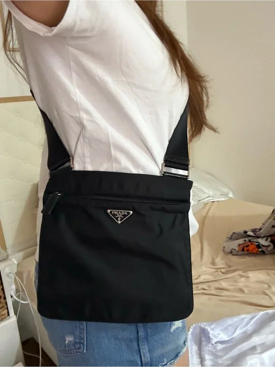 Prada Black Nylon Messenger Bag with Silver Logo Plaque
