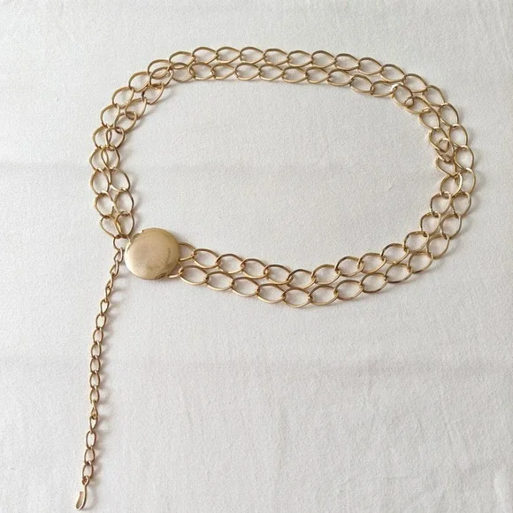 Gold Tone Double Row Metal Chain Belt Round Medallion Adjustable Hook Y2K Chunky