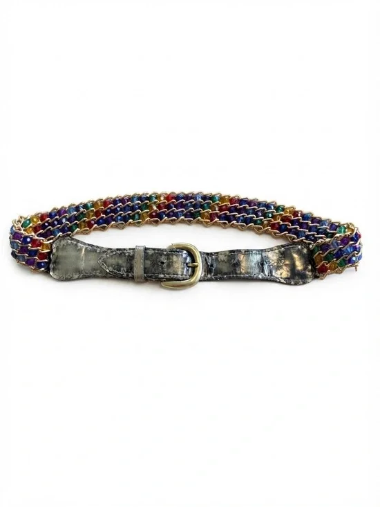 Y2K VTG Colorful Beaded Avant Garde chain Link Belt Metallic Leather Closure