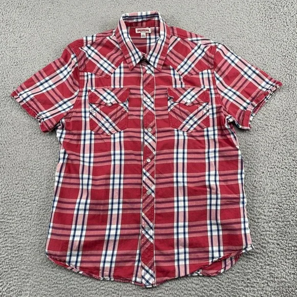 True Religion Shirt Mens Large Red Plaid Western Snap Button Horseshoe Pockets