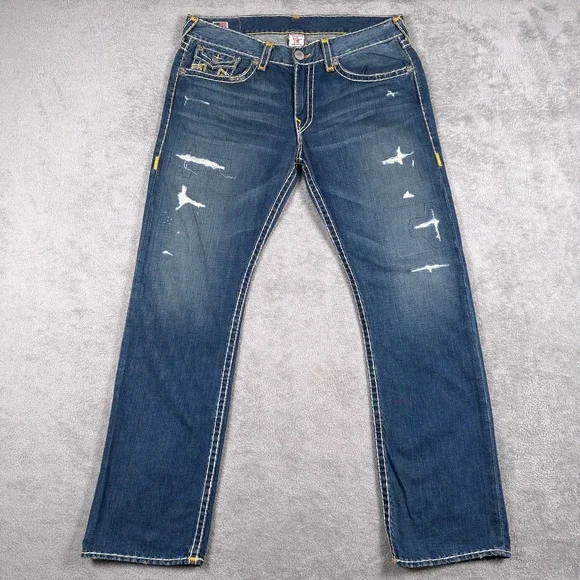 True Religion Jeans Mens 38x34 Ricky Super T Straight Leg Blue Distressed Denim