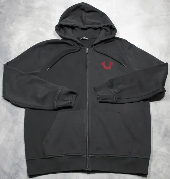 True Religion Hoodie Mens XL Black Full Zip Fleece Sweatshirt Buddha Graphic